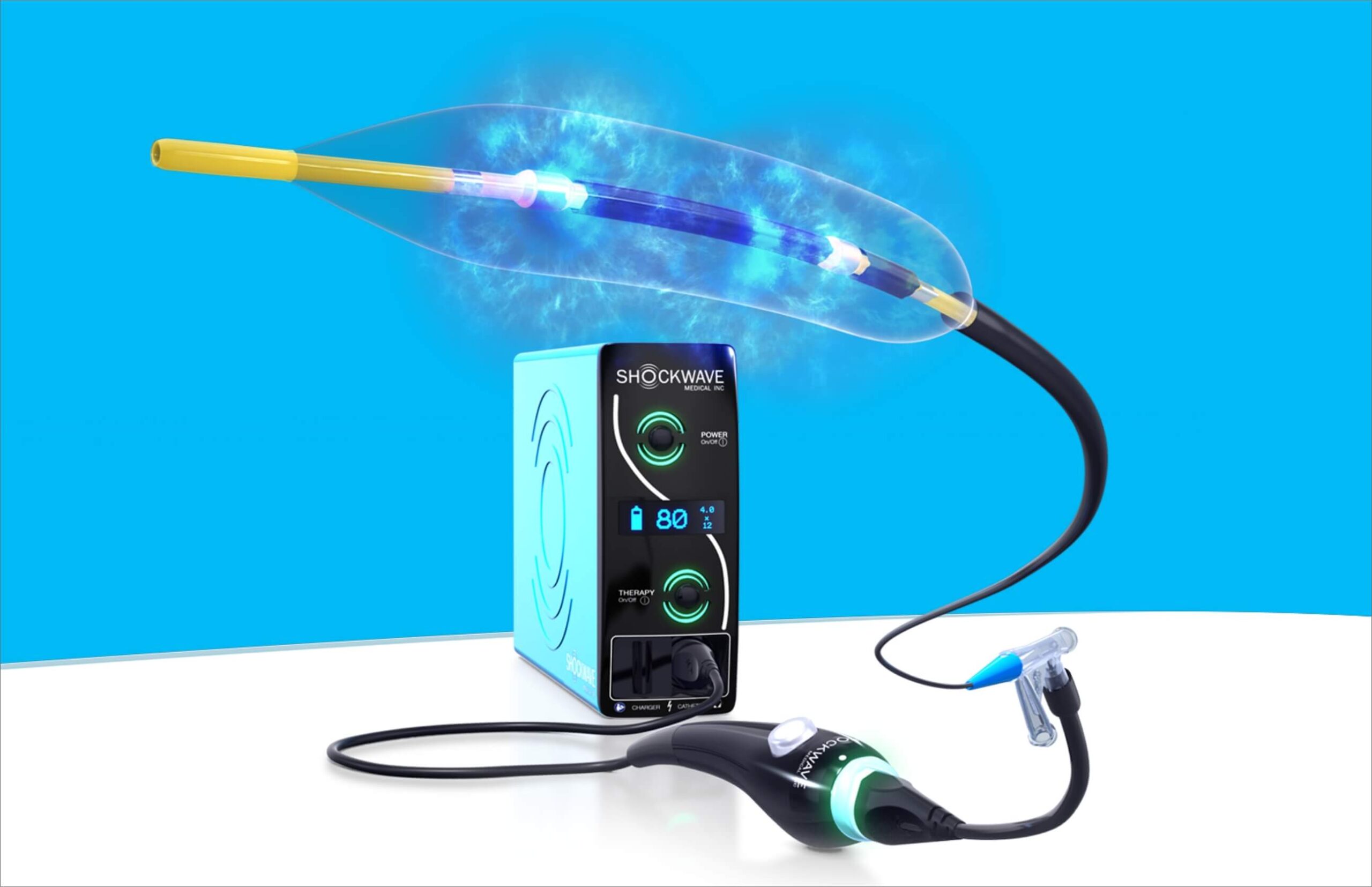 Shockwave Medical's IVL technology with an electric filter over the tip of the device to illustrate its sonic pressure waves.
