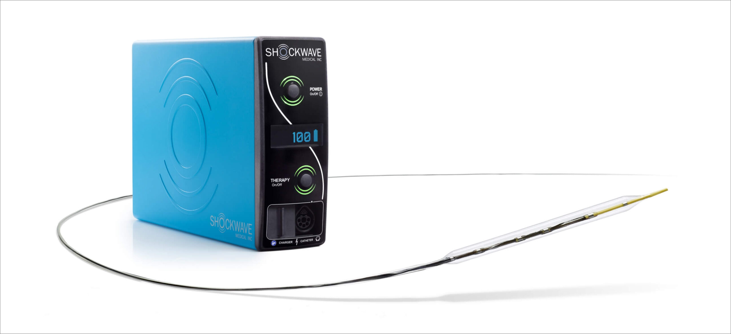 Product photo of Shockwave Medical's IVL technology using sonic pressure waves to treat calcified arterial lesions.