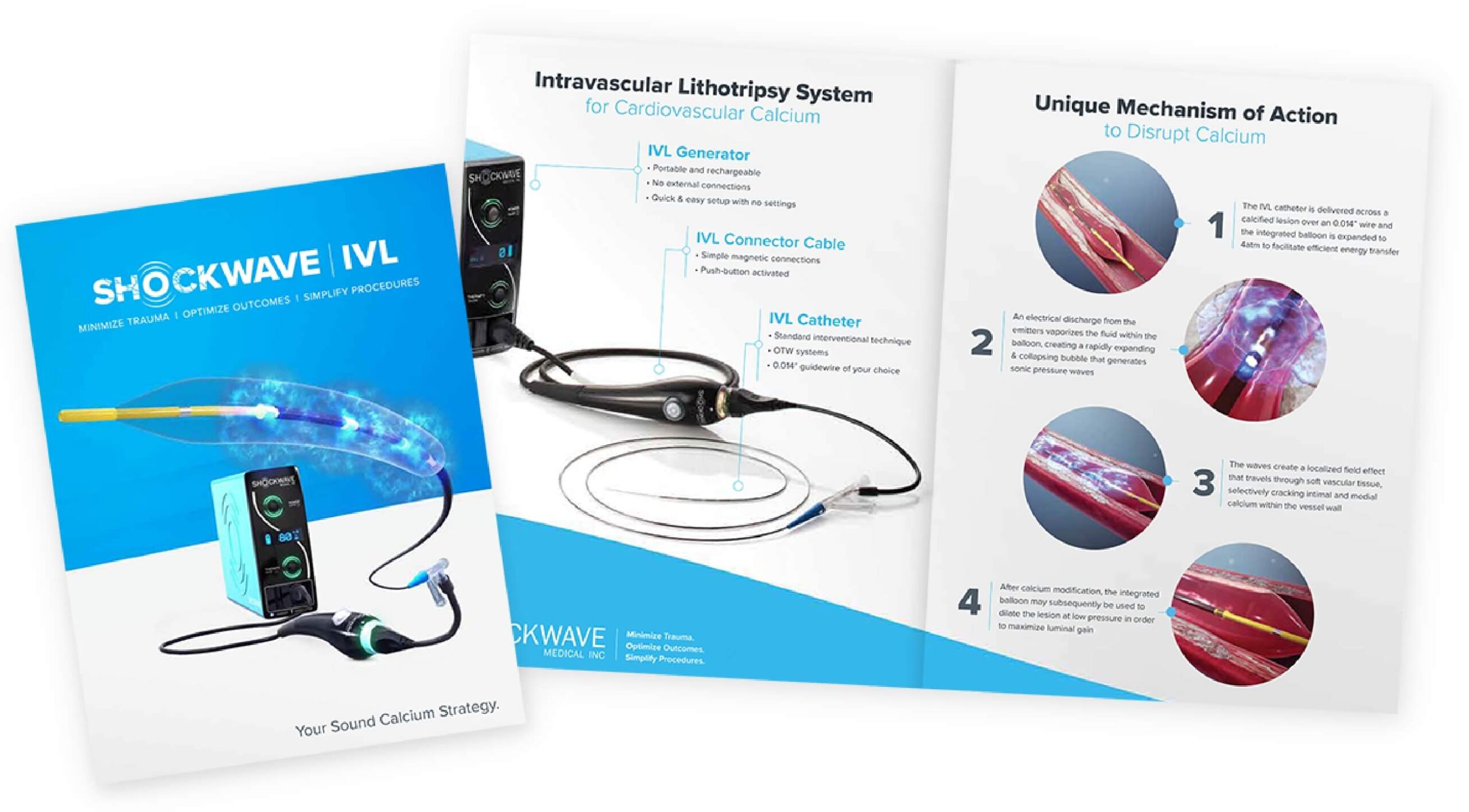 Shockwave Medical's marketing materials showcase brochures and other sales printouts designed by XDS for Shockwave's rebranding project.