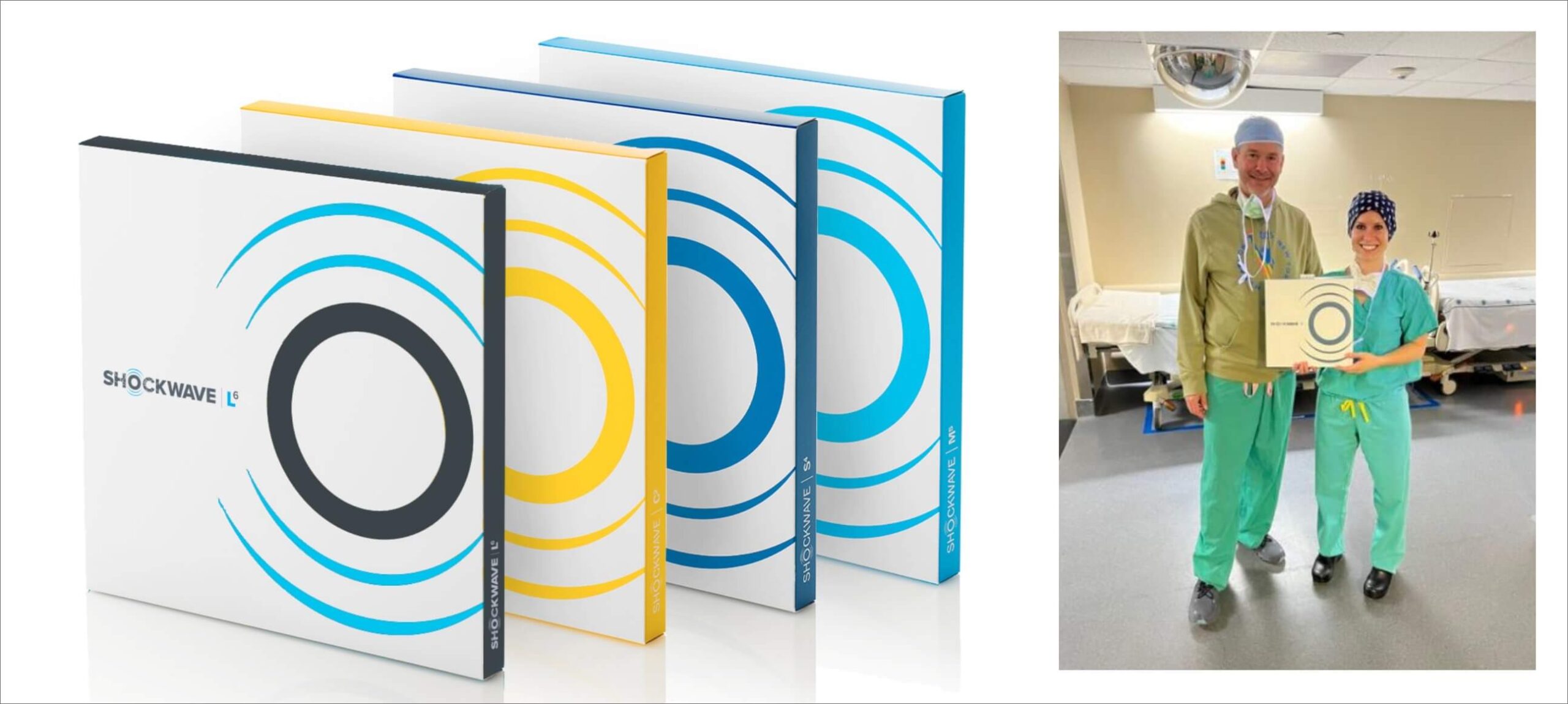 Shockwave's device packages. Mainly white square boxes with a circle logo on the side, with an image of two doctors smiling and holding the product.
