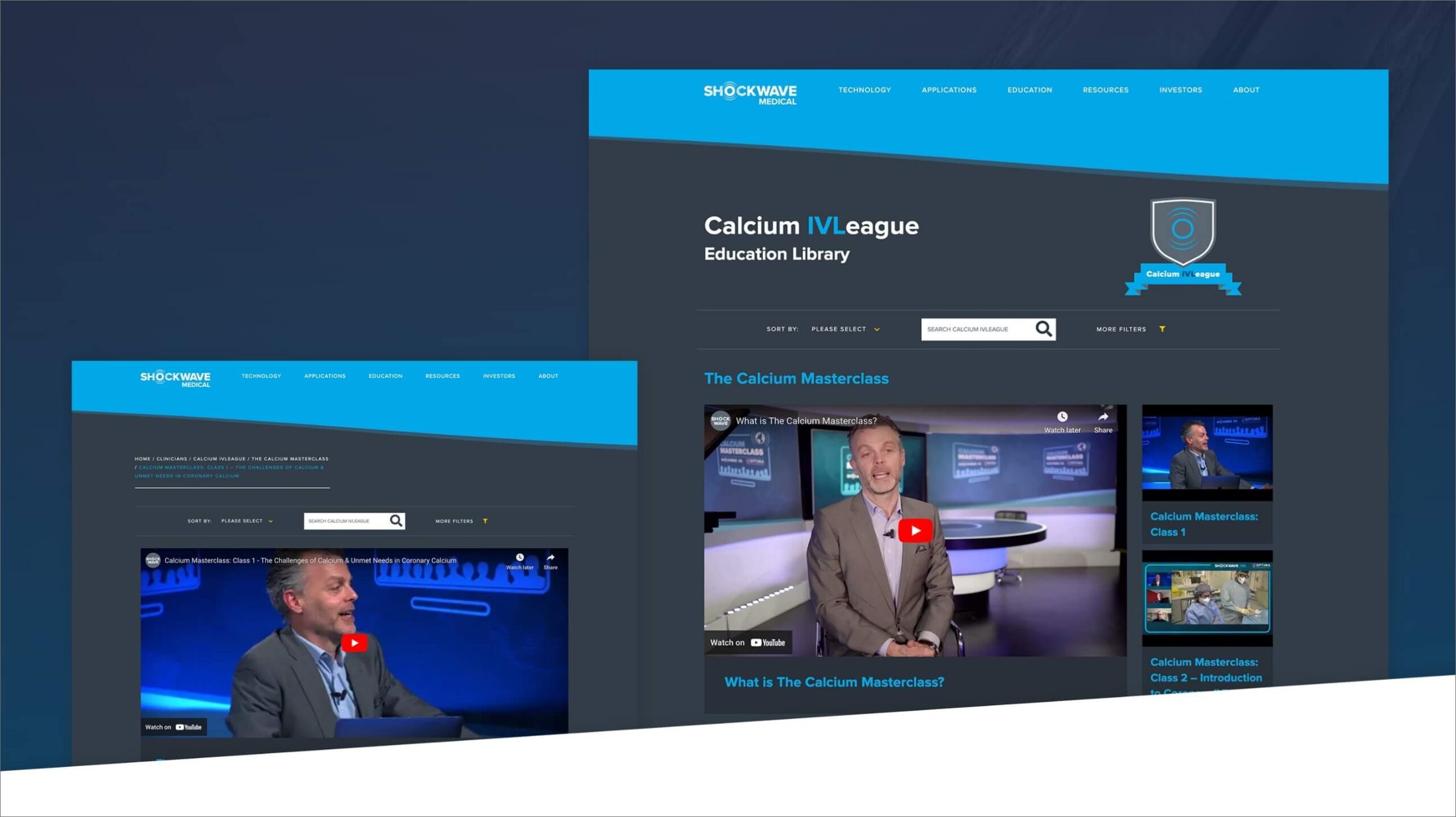 Screenshot of Shockwave Medical's Education Library page on their newly redesigned website featuring videos.