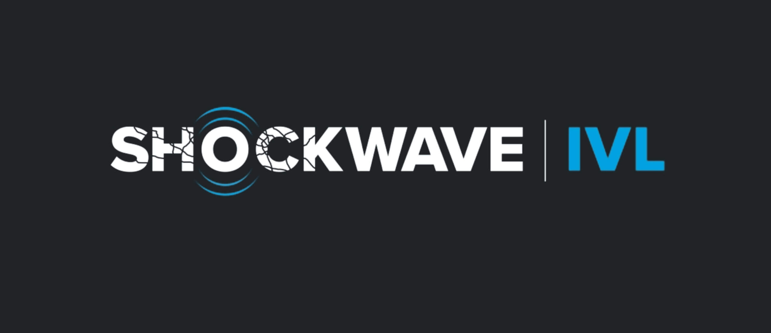 Shockwave Medical's new modern, bold logo from a rebranding. Font in white with cracks with sonic blue waves to demonstrate brand's devices.