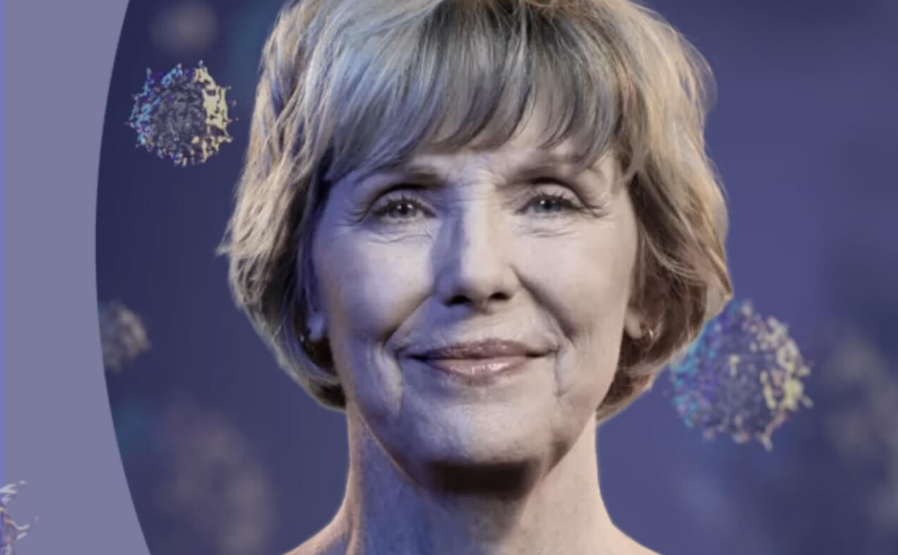 A digitally edited portrait of an older woman smiling for Arcus Bioscience, a client of XDS.