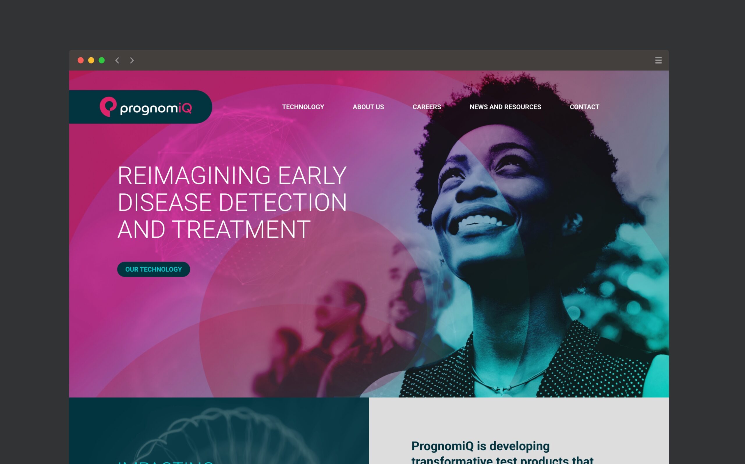 Screenshot of PrognomiQ's new website design. The homepage uses the image of women smiling with brand colors overlaying in a circle design.