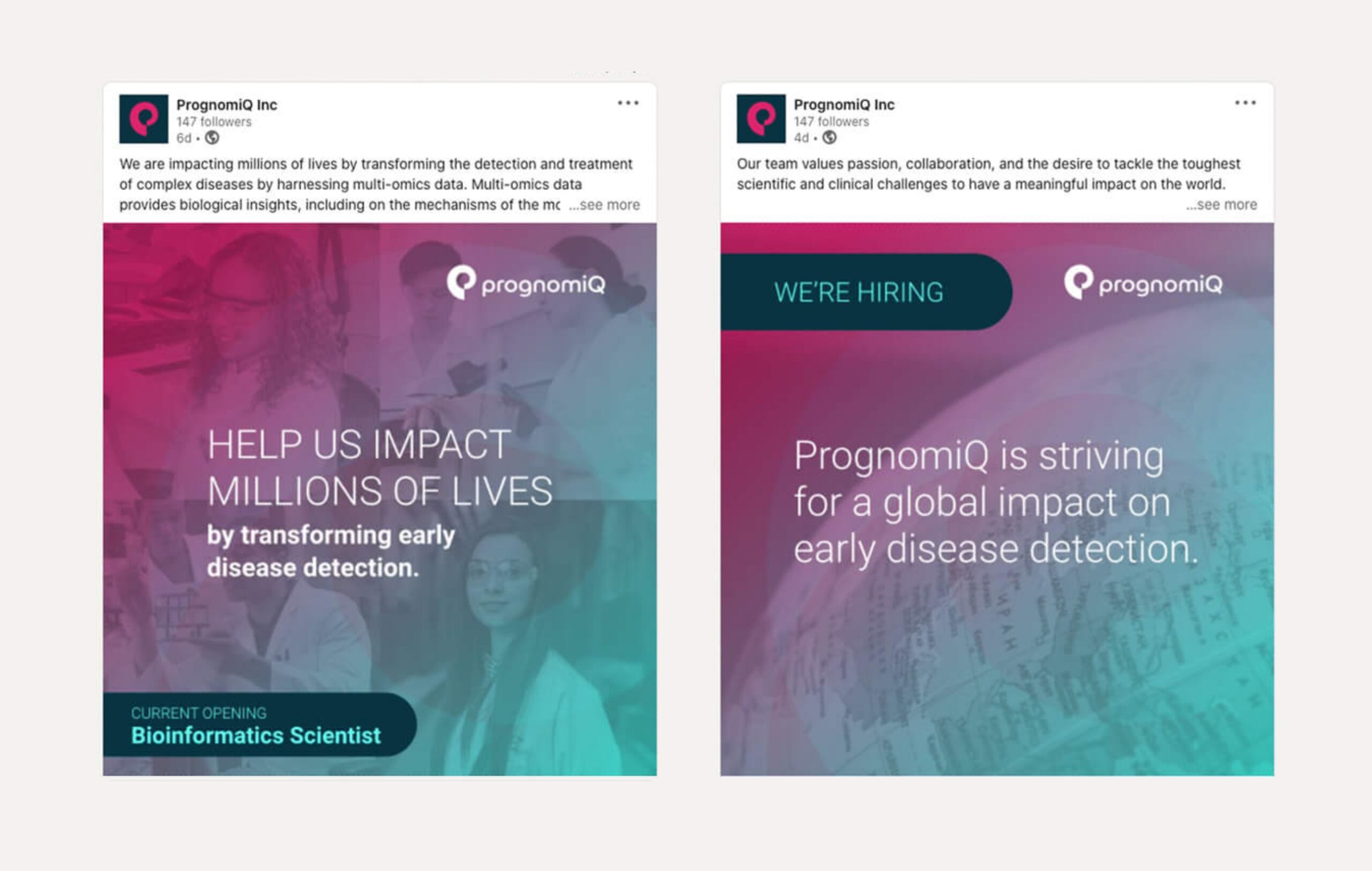 Example of social media posts using PrognomiQ's new logo, images, and color schemes that were created in their brand development document.