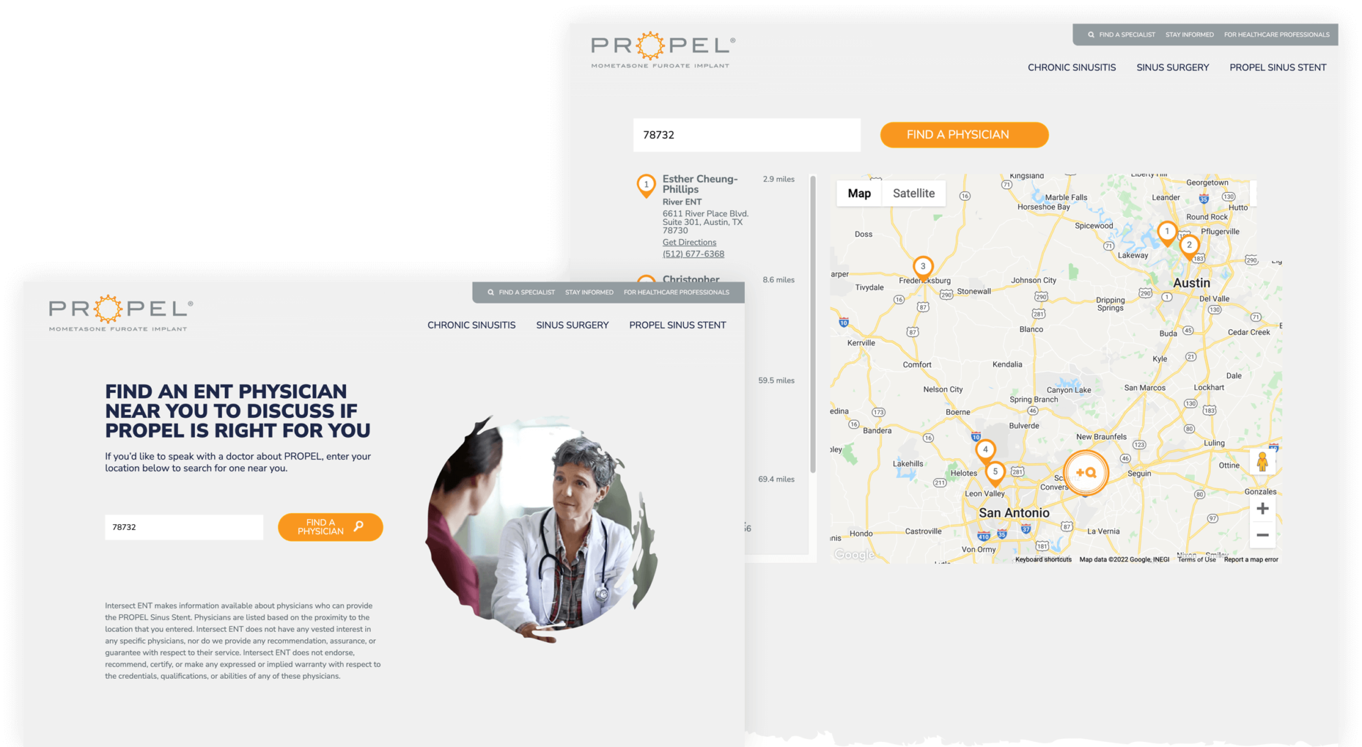 Stacked images showing examples of the Propel physician finder design