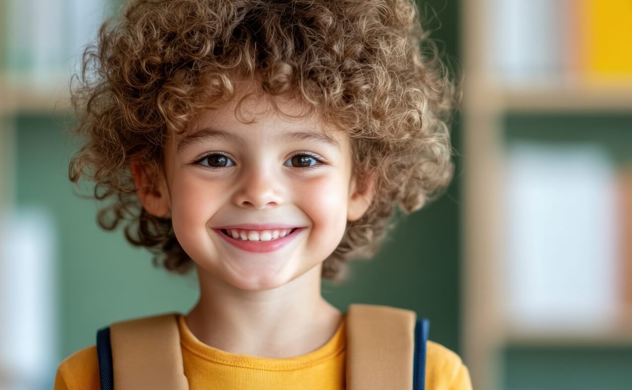 Curly-haired young child smiling, representing featured work by XDS for client Origo Education.