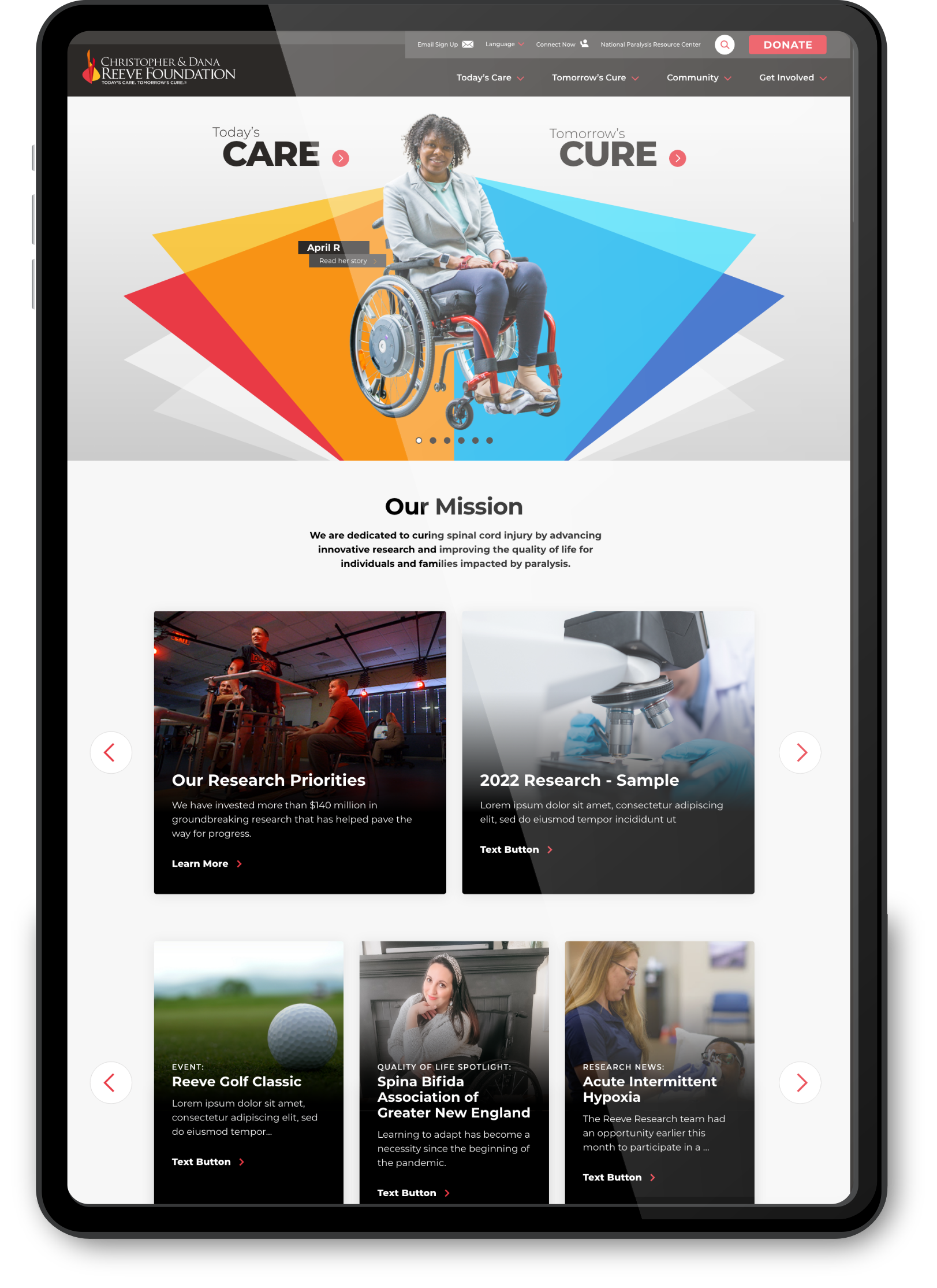 Christopher & Dana Reeve Foundation website displayed on an ipad