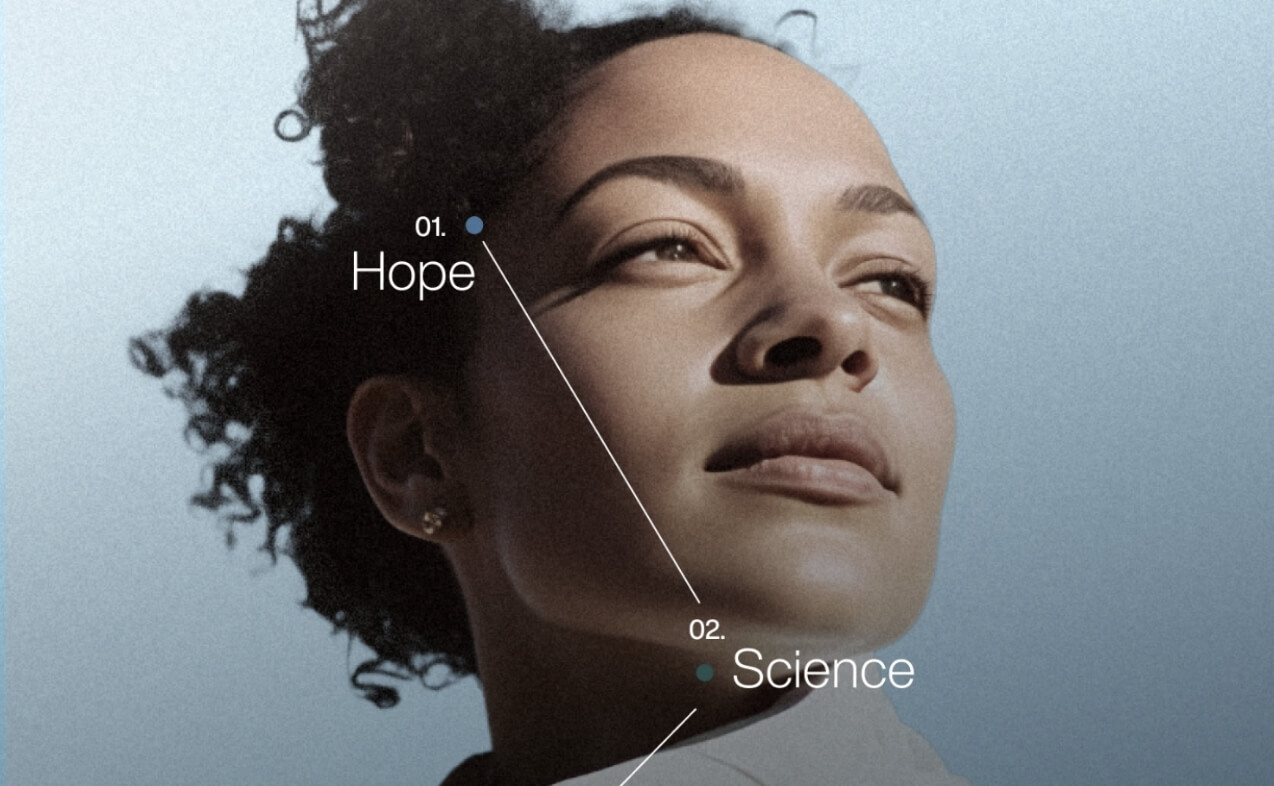 Women looking off in the distance with a science equation overlay to represent featured work by XDS for Lykos Therapeutics.