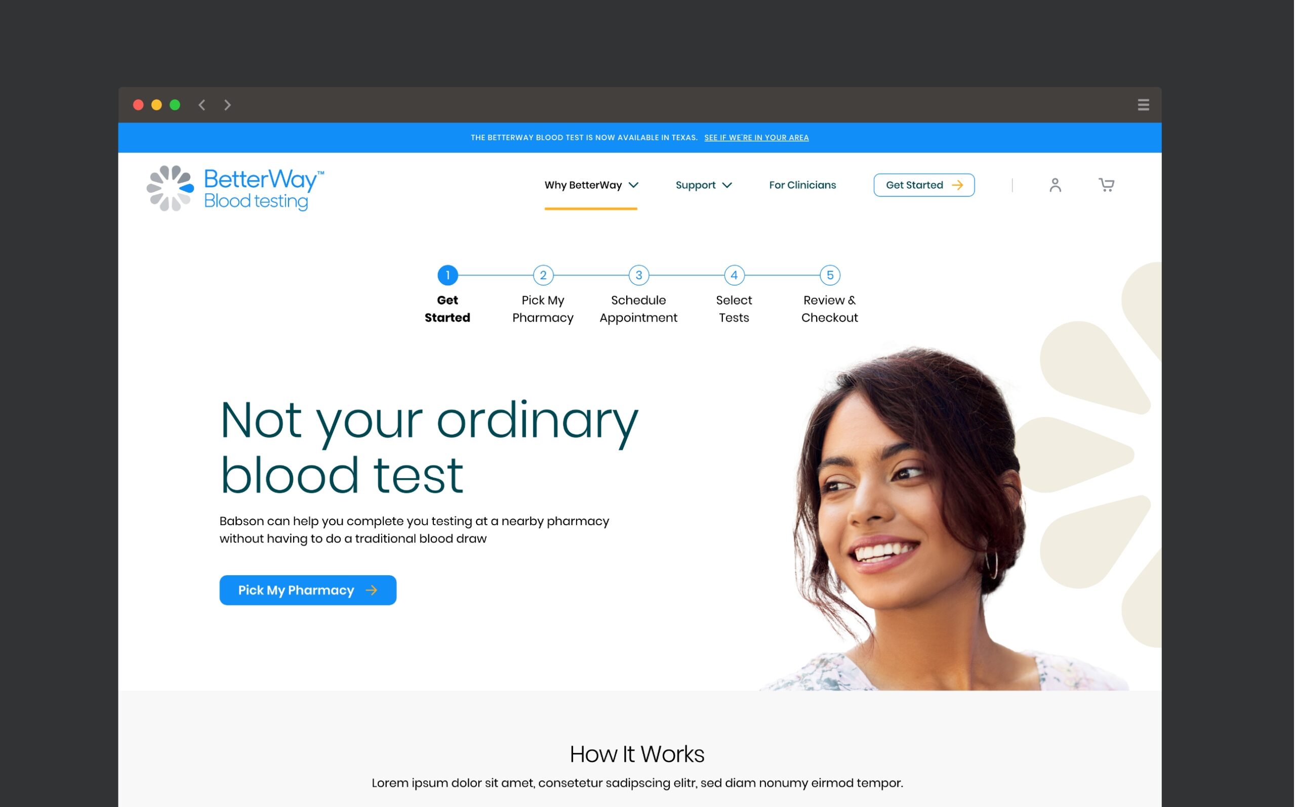 Screenshot of Betterway's modern, newly redesigned website with intuitive navigation. Highlighting the ordering process.