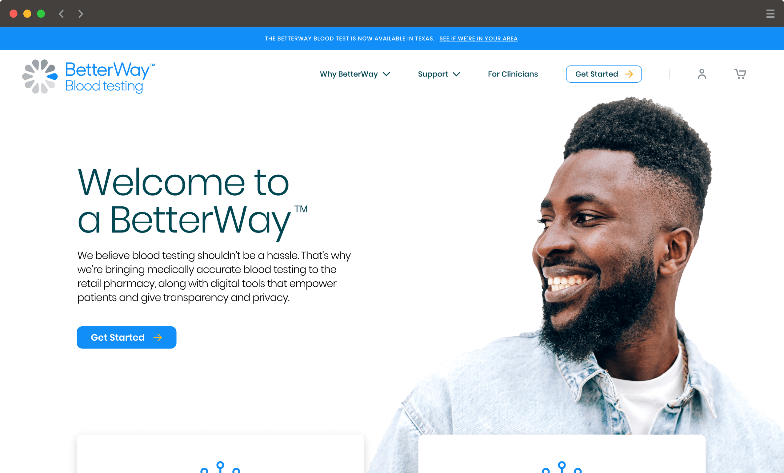 Betterway's modern, newly redesigned website uses an image of a man looking off to the right and smiling over a white background. Visual design by XDS.