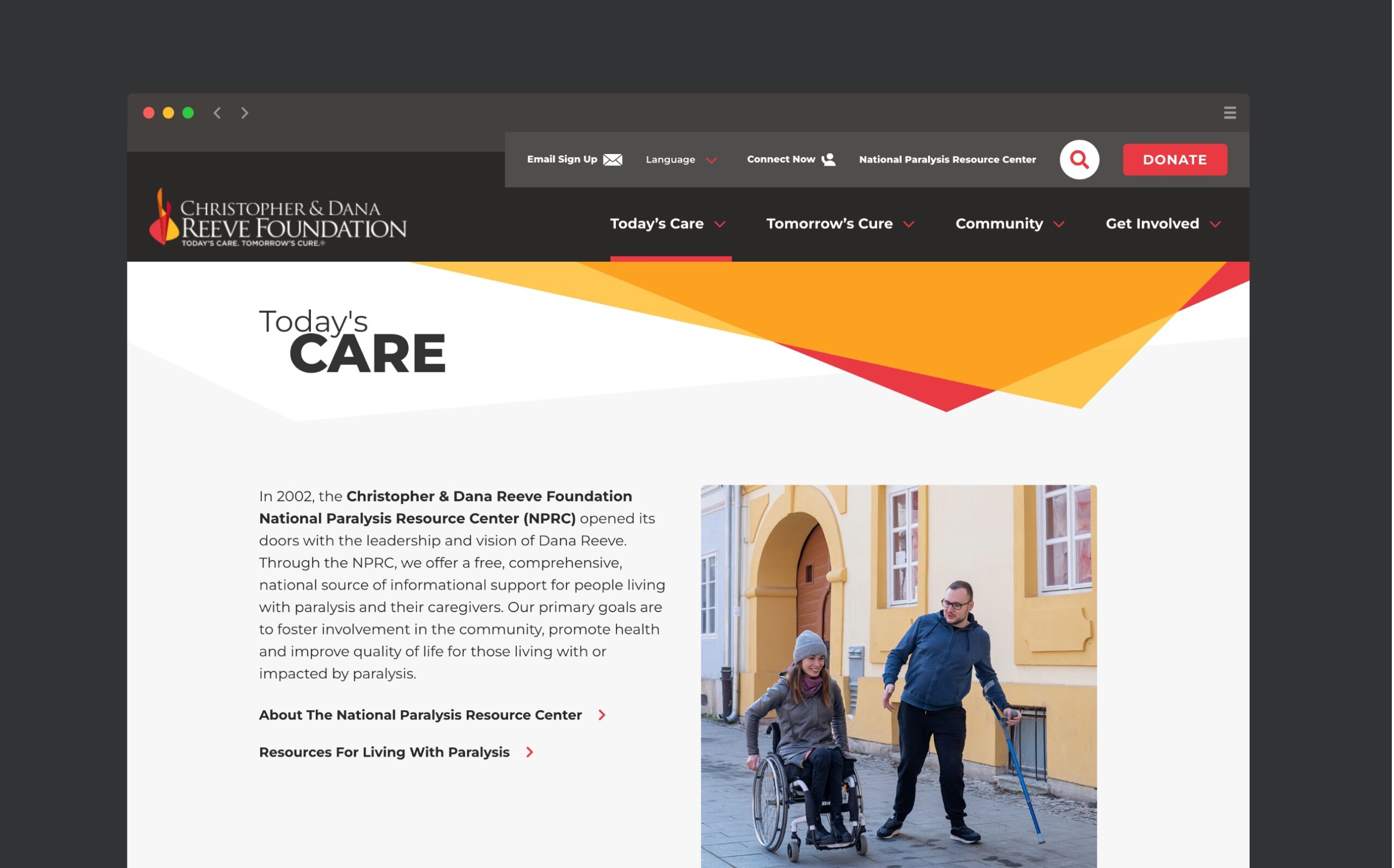 Screenshot of Today's Care page on Christopher Reeve Foundation's newly redesigned website. Designed with high contrast for accessibility.