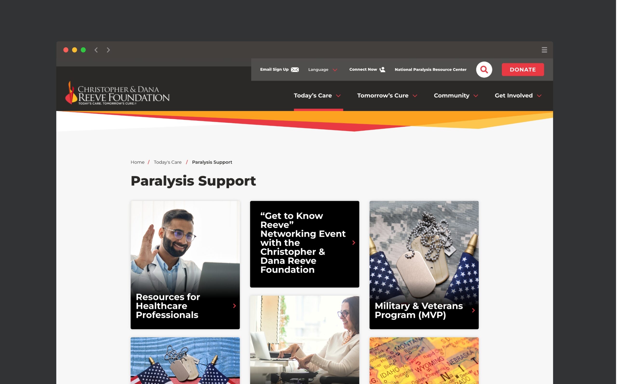 Paralysis Support page on Christopher Reeve Foundation's newly redesigned website. Designed with high contrast for accessibility.
