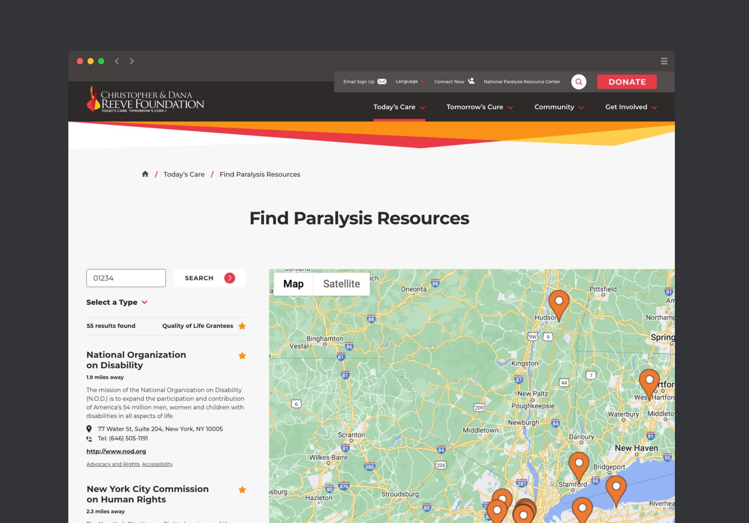 Christopher Reeve Foundation's "Find Paralysis Resource" tool. Accessibility and user-friendly navigation by XDS.