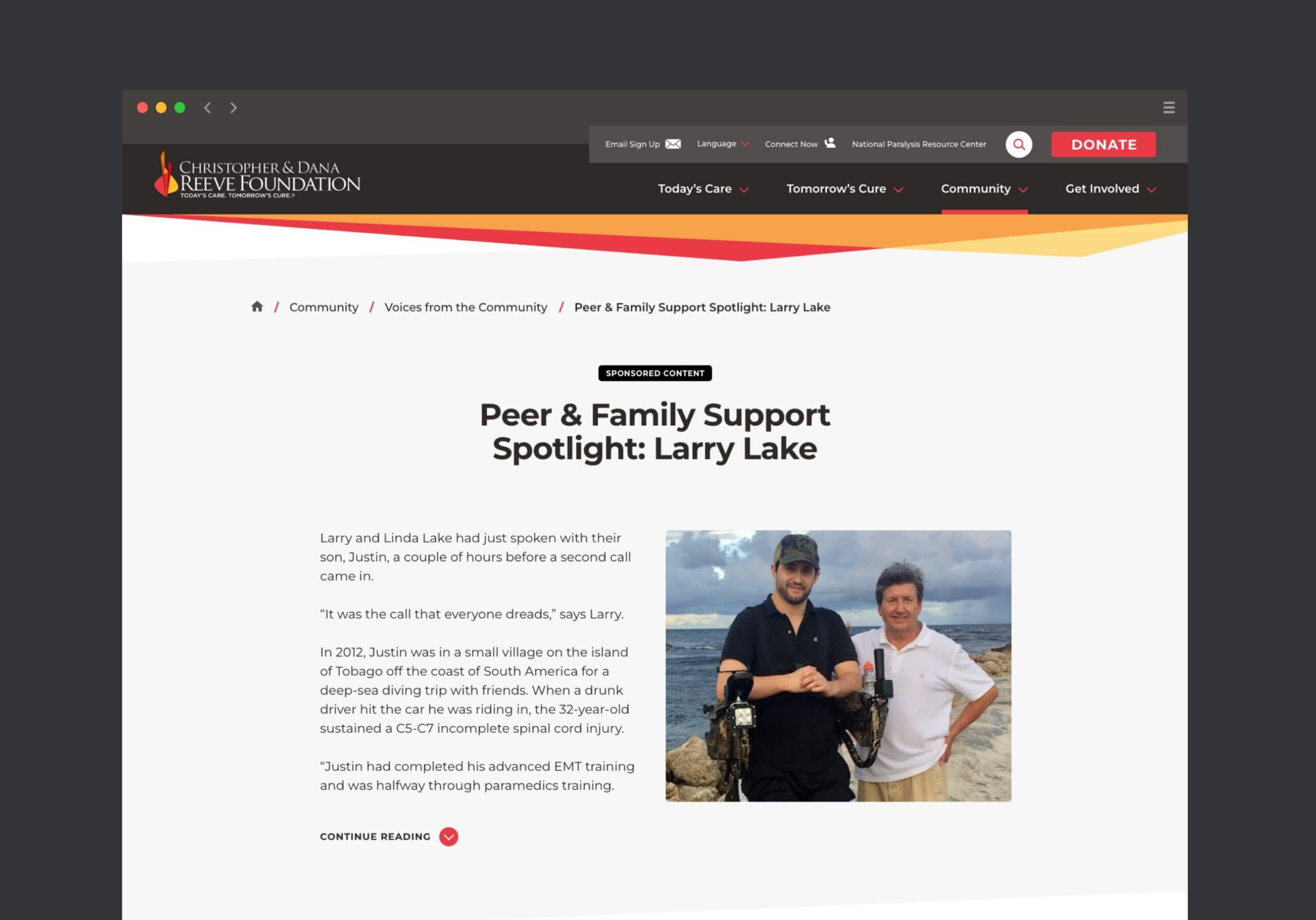 website page of "Peer & Family Support" on the redesigned website of Christopher & Dana Reeve Foundation