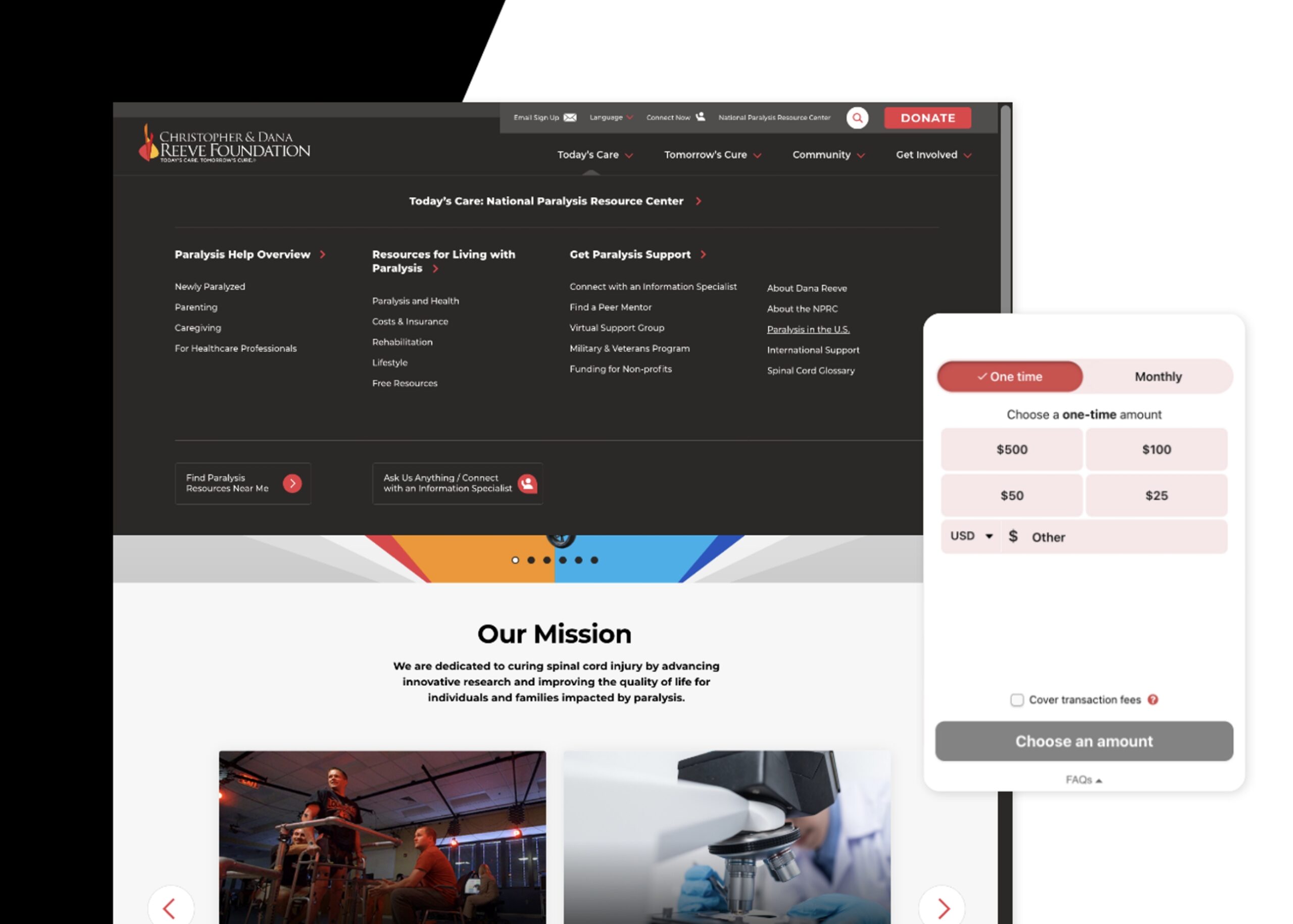 Christopher & Dana Reeve Foundation redesigned website displaying the new "donate" feature.