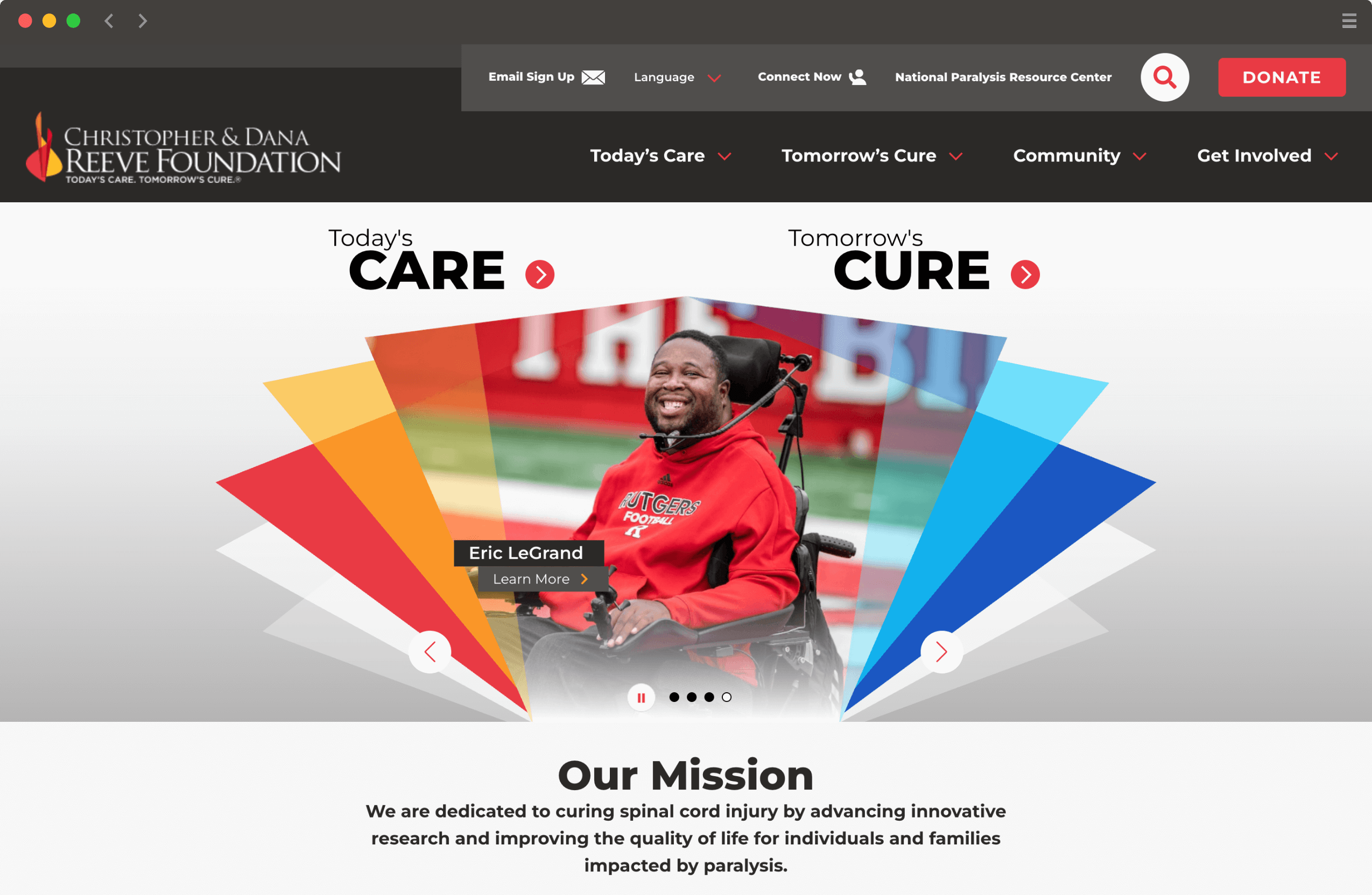 Screenshot of Christopher Reeve Foundation's newly redesigned website with homepage using a man in a wheelchair with colorful squares design.
