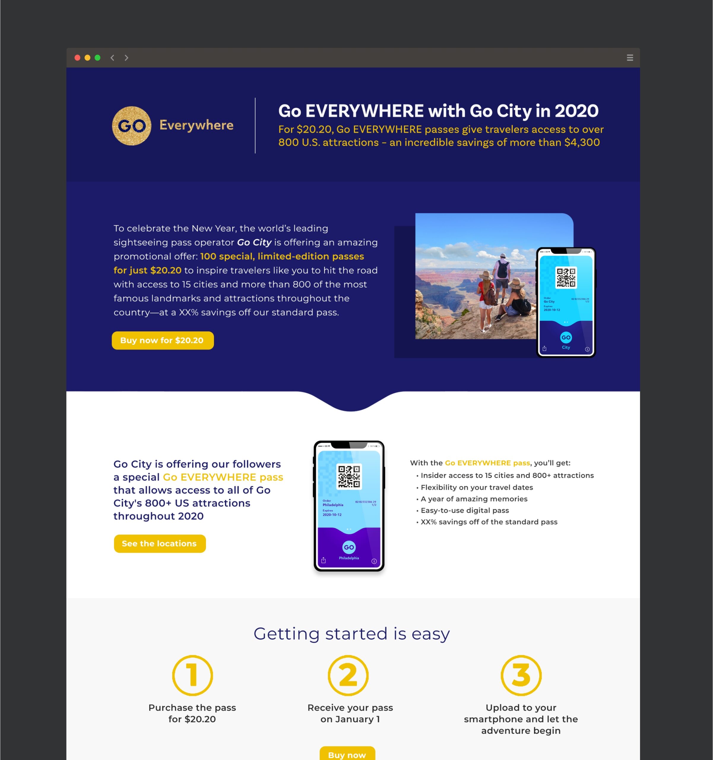 website overview of Go City's "Go Everywhere Pass" on a redesigned Shopify-based e-commerce microsite.