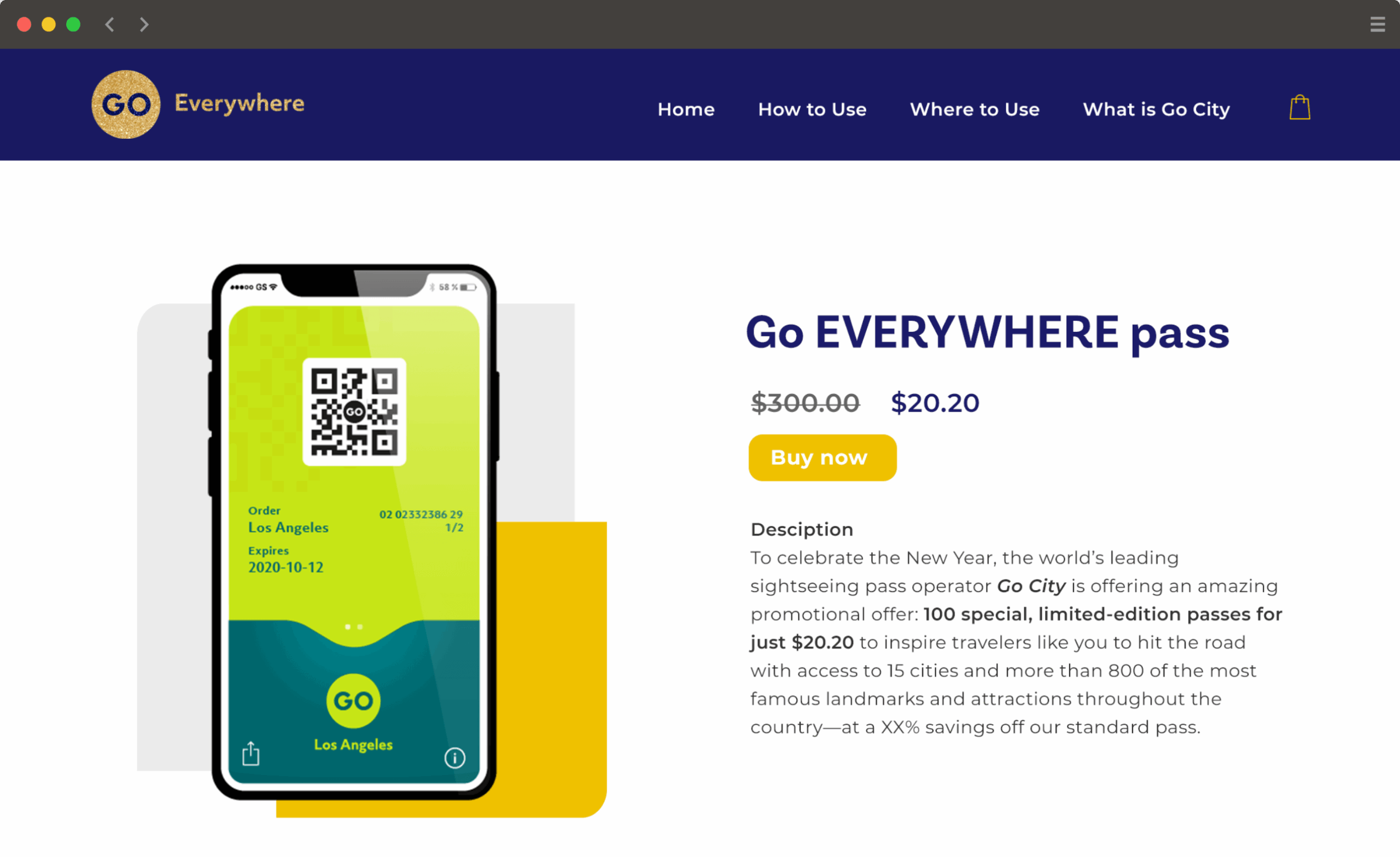 Go City's website redesign shows the new homepage with an image of a mobile phone image and text describing the "Go Everywhere pass".