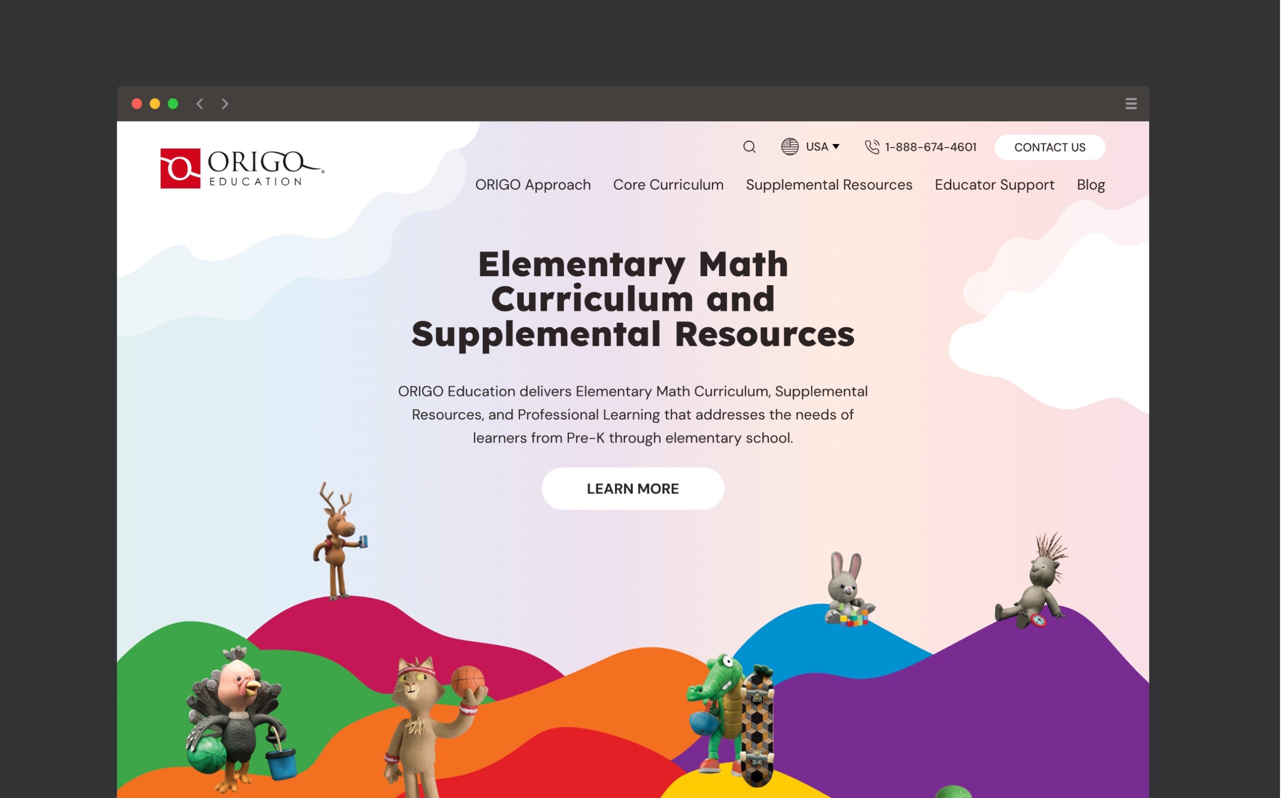 Homepage of ORIGO Education's website redesign project with a focus on user experience design.