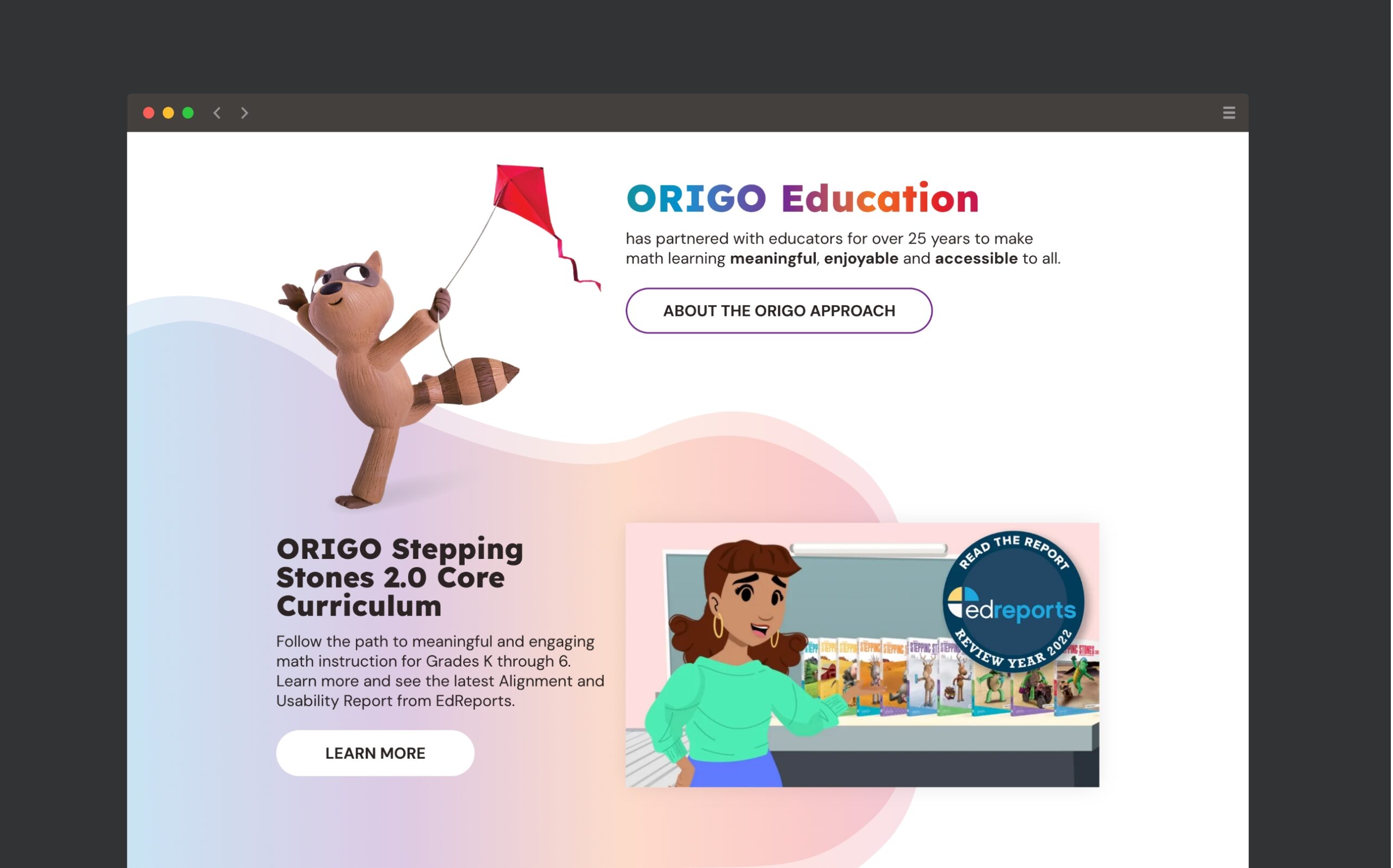 ORIGO Education's new redesigned website showing their new landing page.