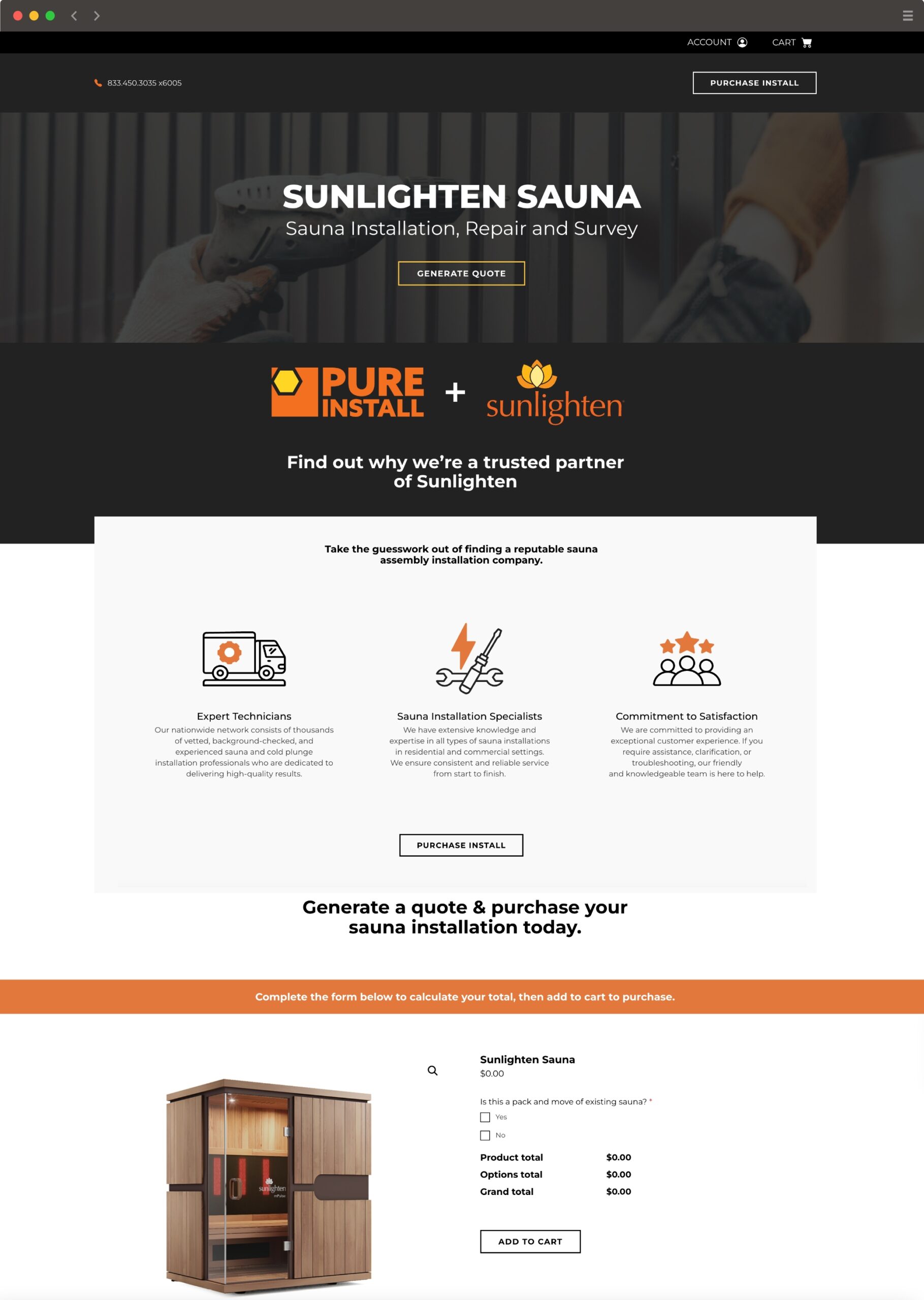 Screenshot of Pure Install's dynamic and scalable landing page that showcases their growing network of installation partners.