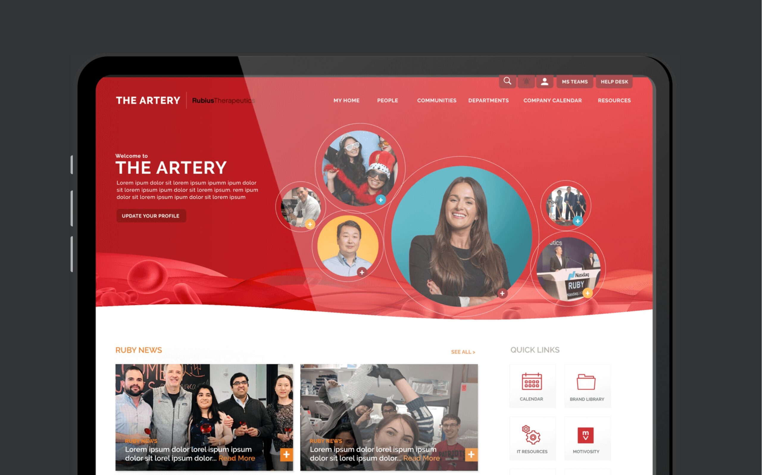 homepage view of Rubius Therapeutics intranet design and development using photos of employees in circle frames with red blood cell graphic background.
