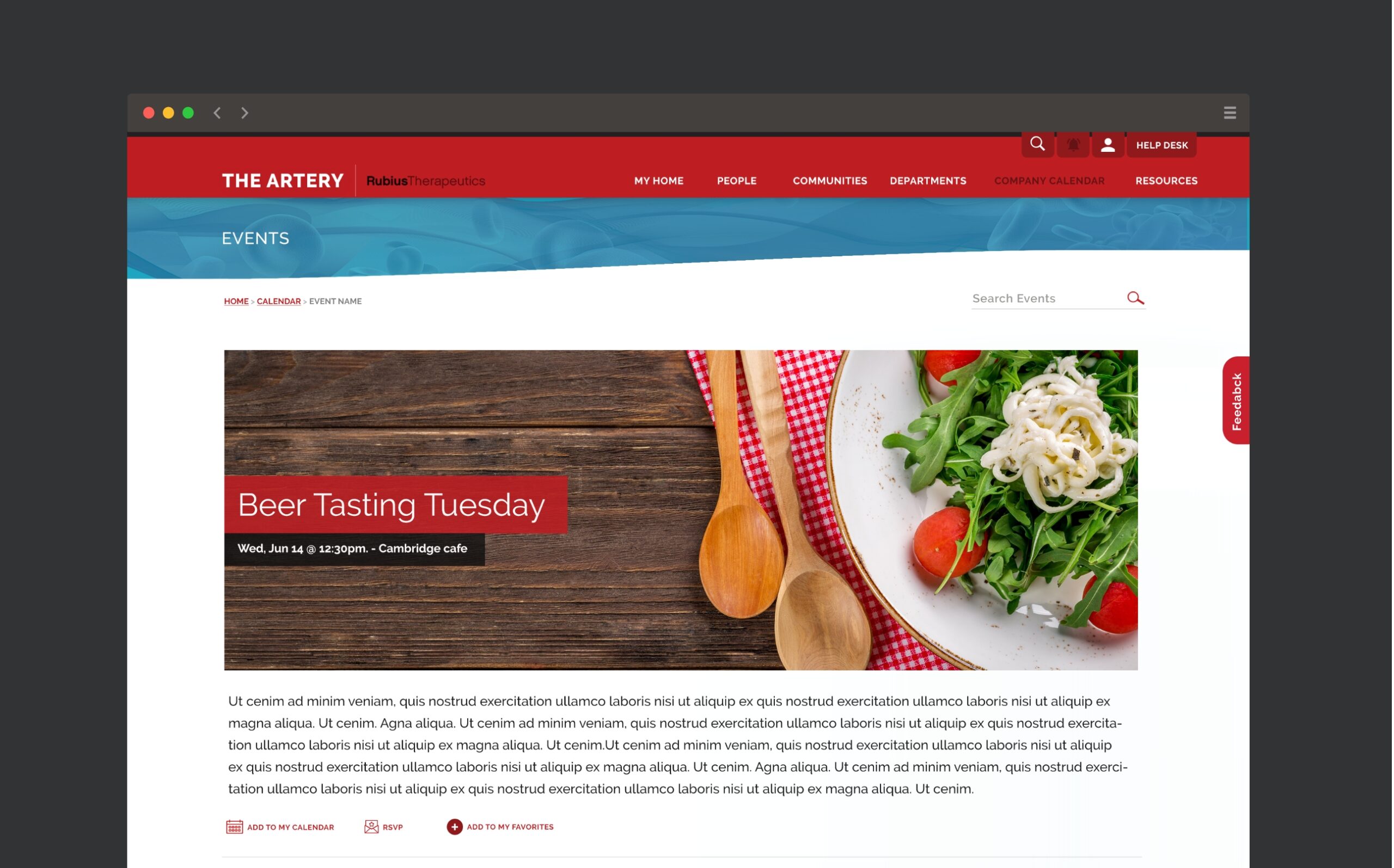 Screenshot of Rubius Therapeutics intranet with new community-centric features, like the Events Tab. Developed by XDS.