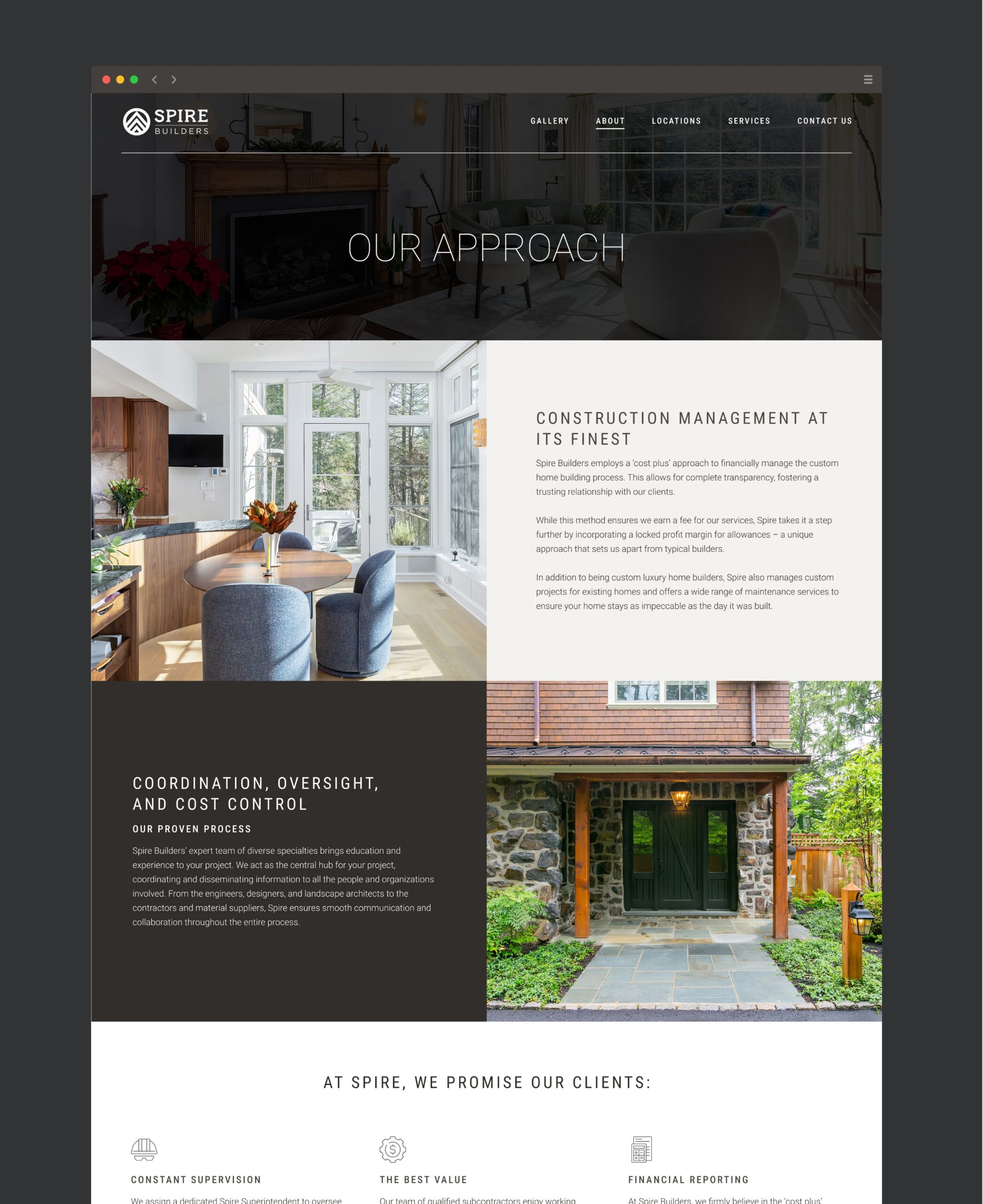 Screenshot of "Our Approach" page for Spire Builders. Using an image of a sit-in eating area and another image of front door on a stone house.