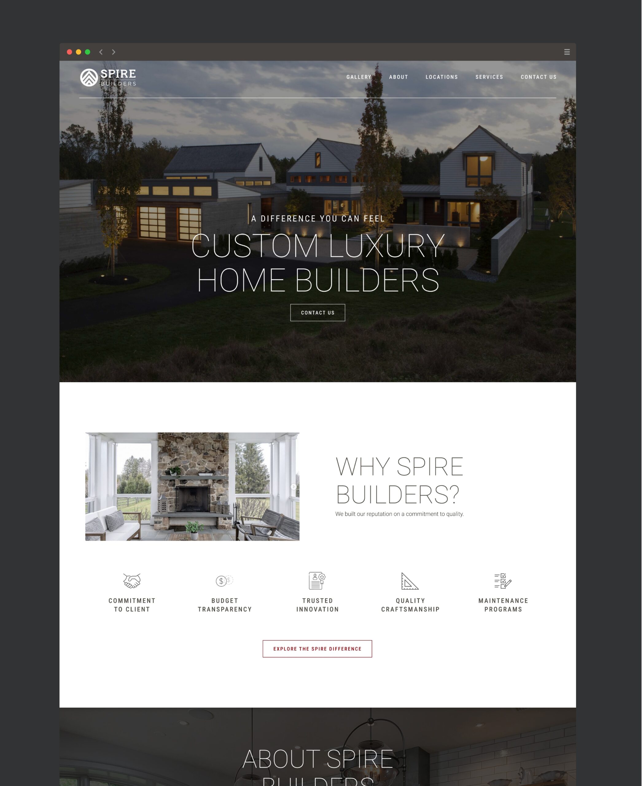 Homepage of Spire Builders using hero image of luxury houses and a "Why Spire Builders" section below using a stone fireplace image.