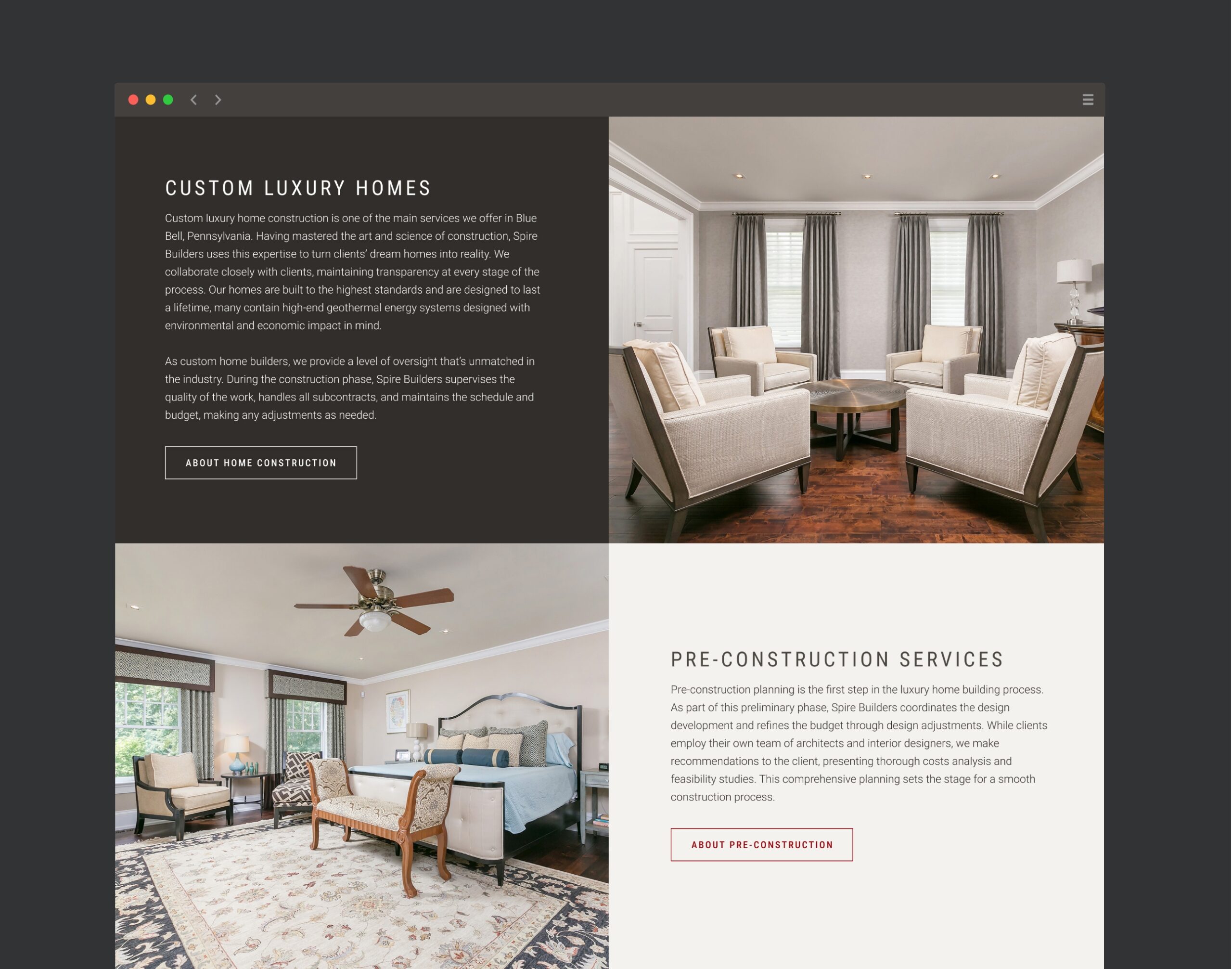 "Custom Luxury Homes" modern page layout using visually appealing images of a sitting area and a master bedroom.