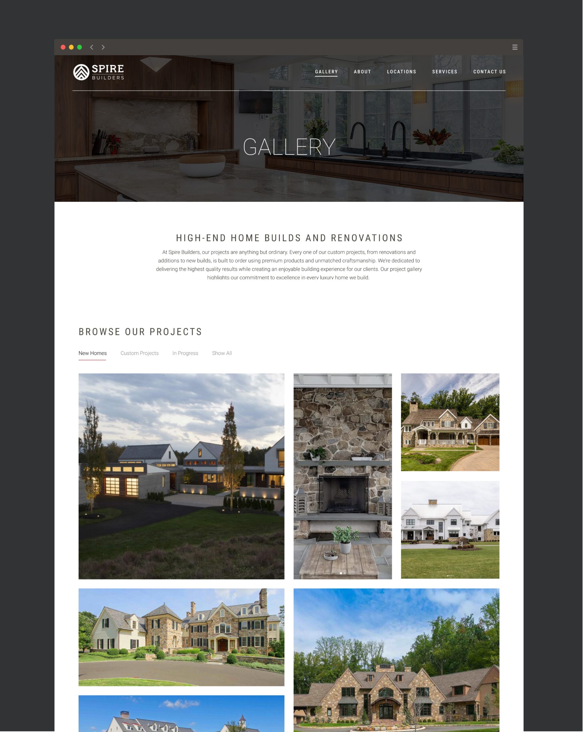 Spire Builders "Gallery" page showcasing recently built new homes and renovation projects on a modern website layout.