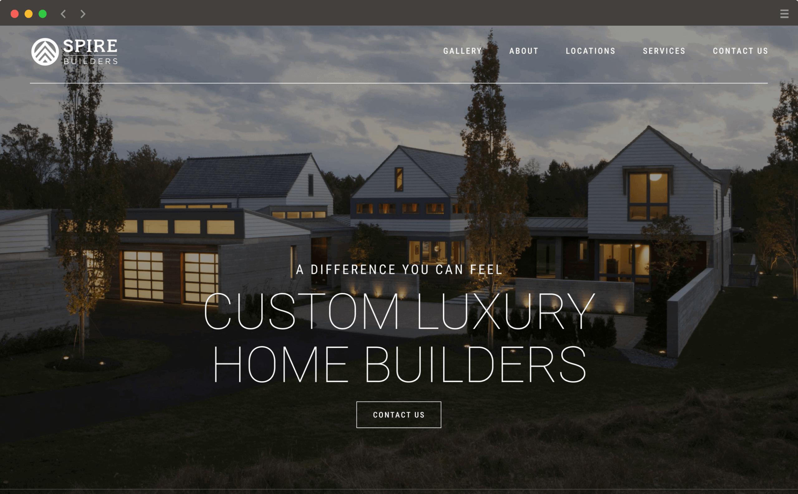 Spire Builders' homepage using hero image of luxury homes and heading reading "custom luxury home builders".