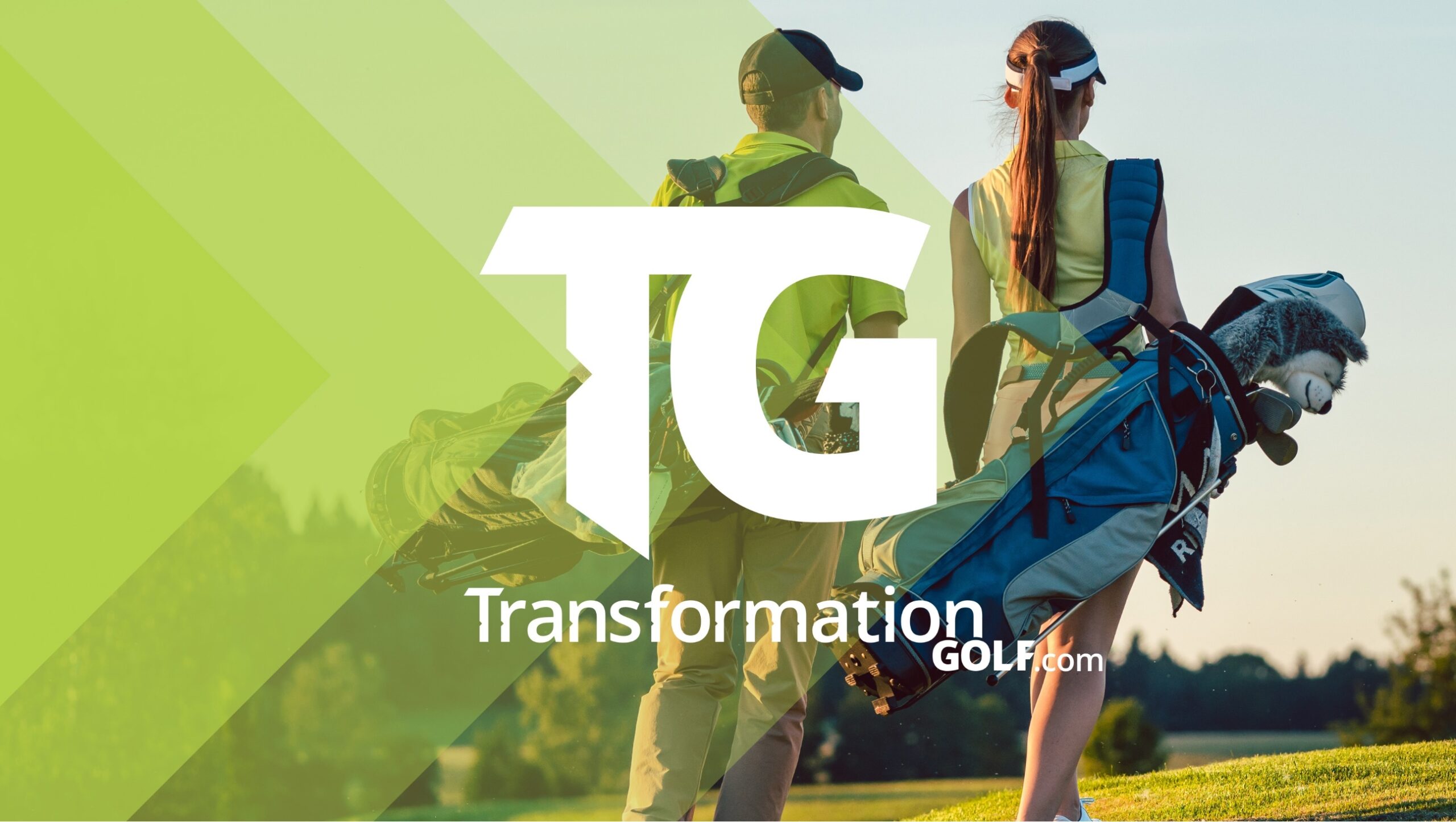 Transformation Golf's visual design image uses the brand's green colors over an image of a man and woman golfer carrying bags and walking.